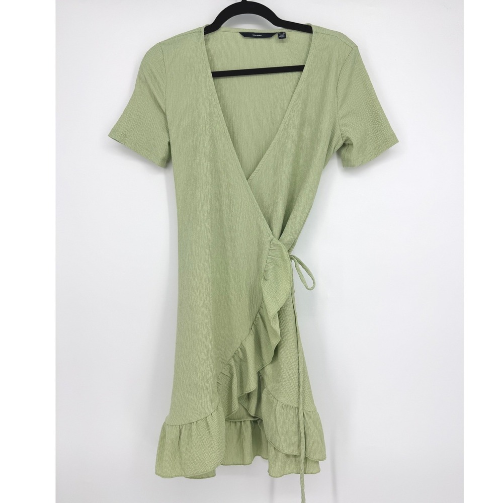 Vero Moda Womens XS Sage Green Textured Ruffle Wrap‎ Short Sleeve Top